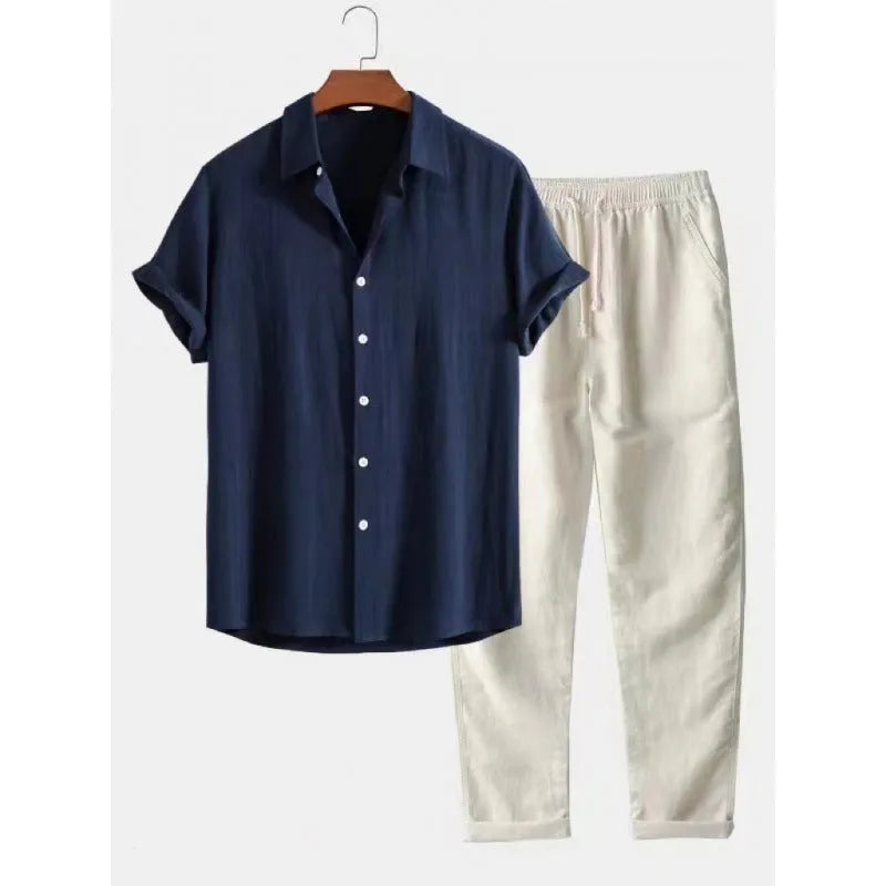 Men's casual loose fit short sleeve shirt and trousers suit in linen-look polyester fabric, available in multiple colours