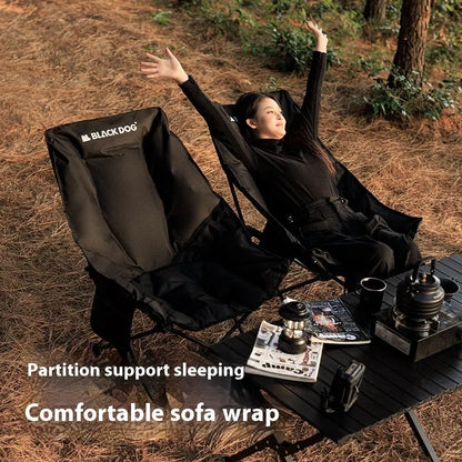 Night black folding camping recliner with Oxford cloth seat and moon chair style, shown in an outdoor setting.