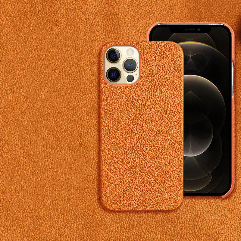 Genuine leather half-wrap iPhone protective case in beige, black, brown, orange, or pink colour.