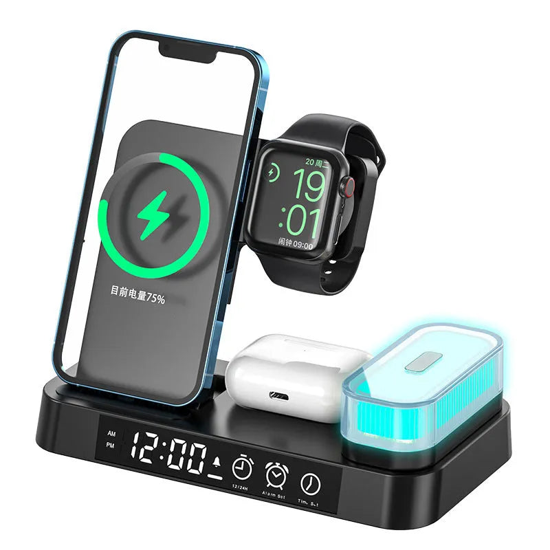 White 4-in-1 wireless charger station with foldable stand, alarm clock display, and Apple Watch charger