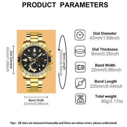Men's gold business quartz watch with stainless steel strap showing time at 10:10, calendar window at 3 o'clock position