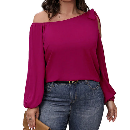 Rose red women's knit top with hollow-out collage design and long sleeves