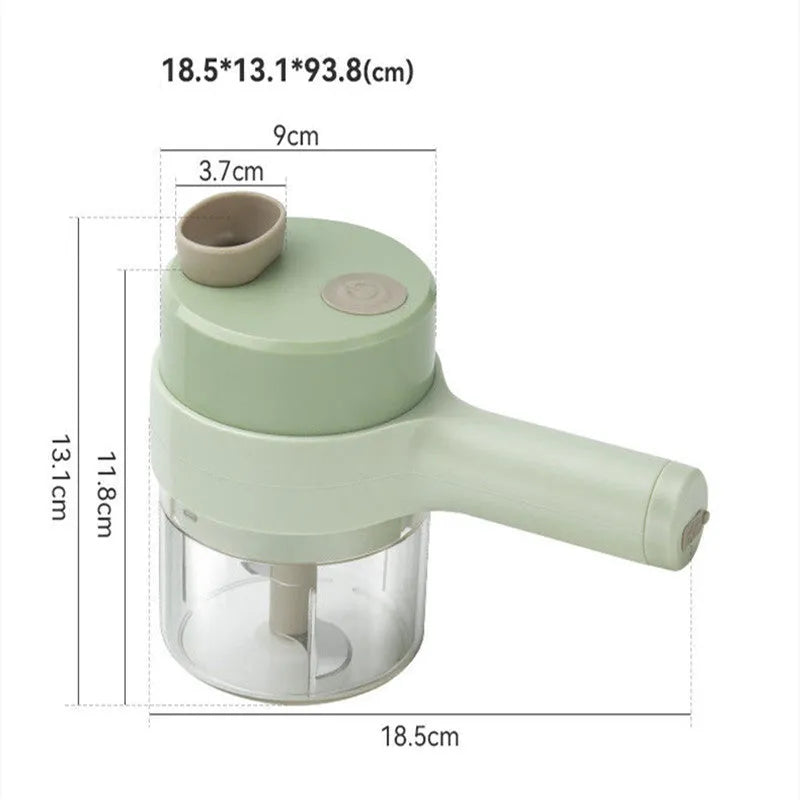 Wireless electric garlic masher and slicer combo, plastic body, 18.5cm x 13.1cm x 9.38cm, with Type-C cable and manual.