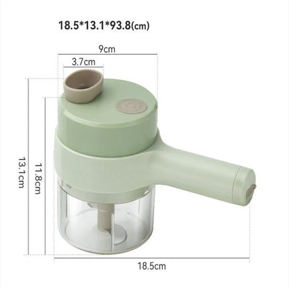 Wireless electric garlic masher and slicer combo, plastic body, 18.5cm x 13.1cm x 9.38cm, with Type-C cable and manual.