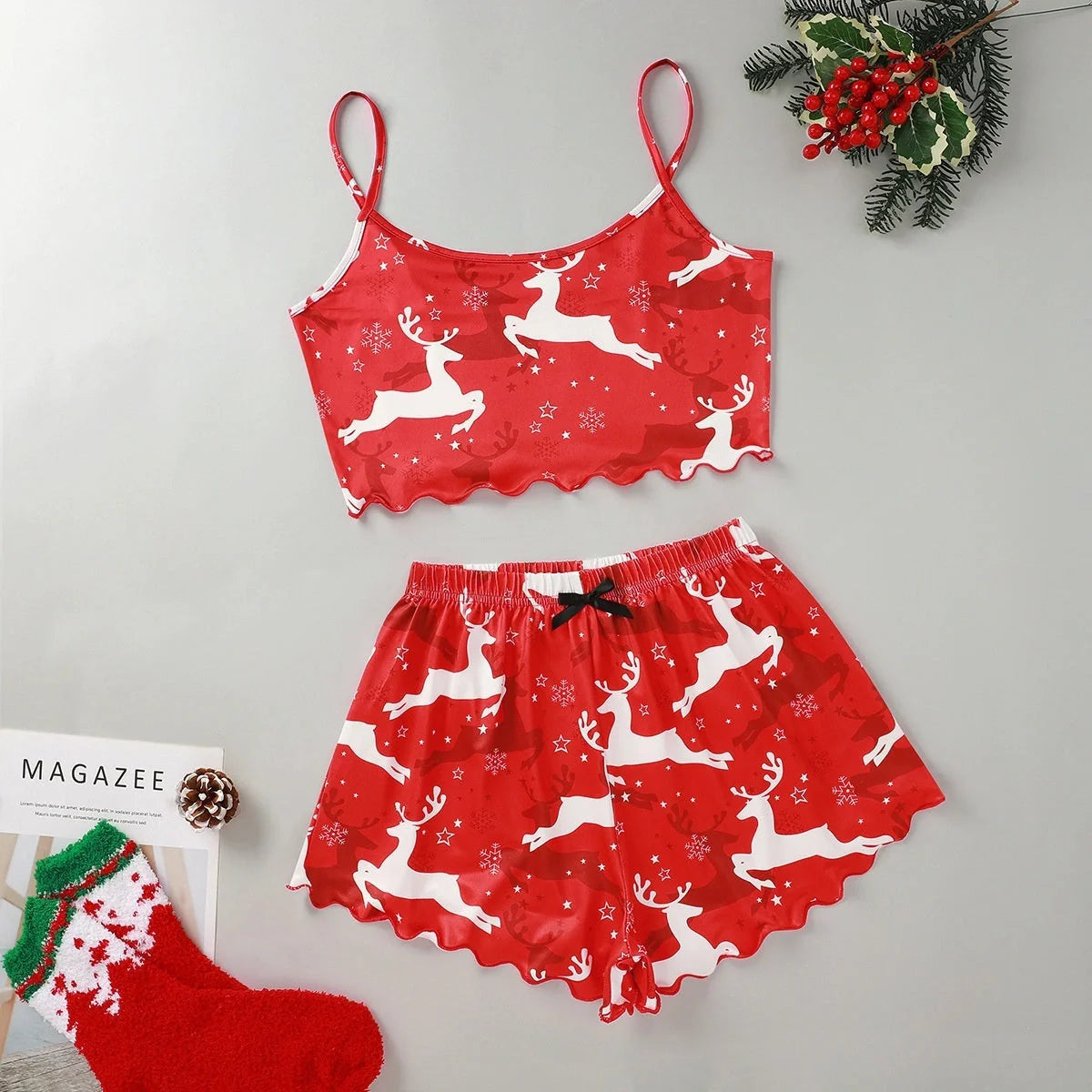 Christmas women's milk silk pajamas two-piece set with festive designs