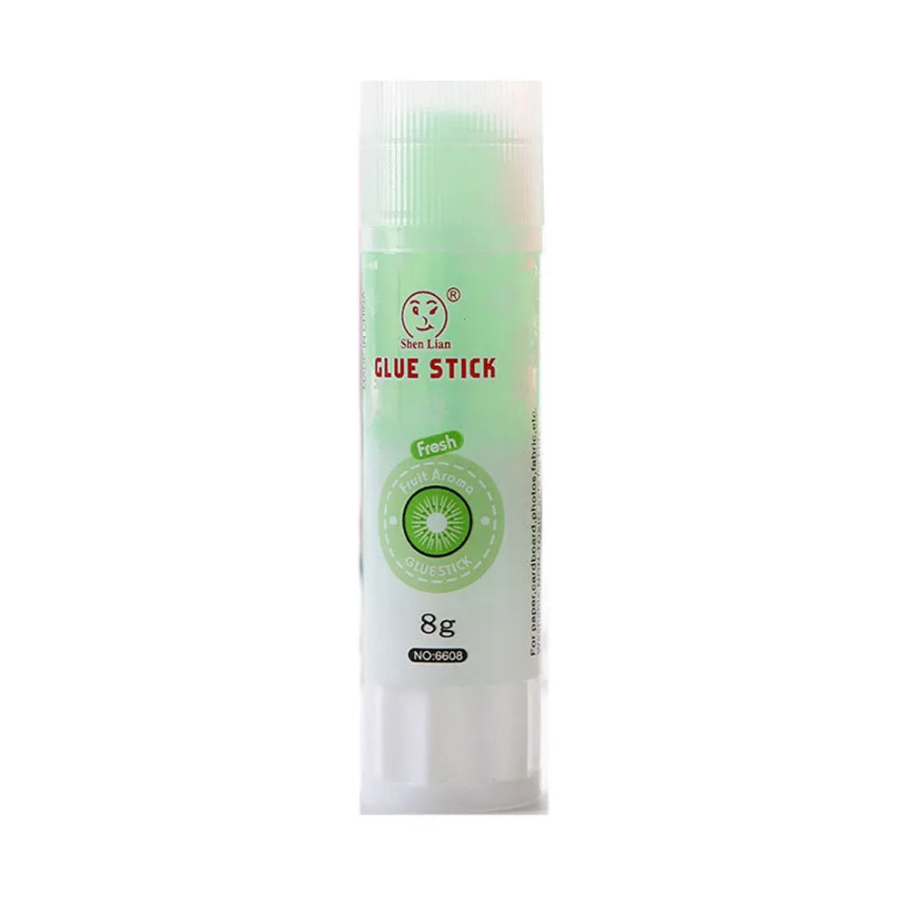 Jelly solid glue stick with fruit scent, 8.5 cm long, for student and craft use.