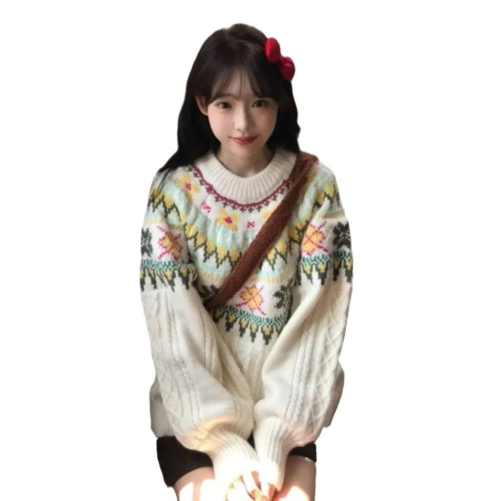 Women's milky white lantern sleeve pullover sweater with loose fit