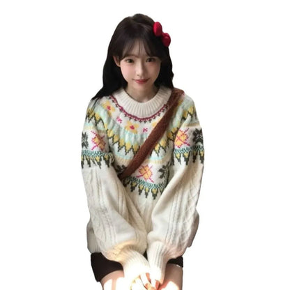 Women's milky white lantern sleeve pullover sweater with loose fit