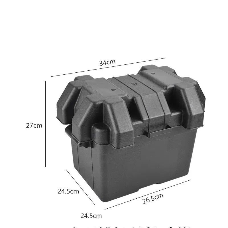 Black PP plastic battery storage box with securing strap, available in large and small size options