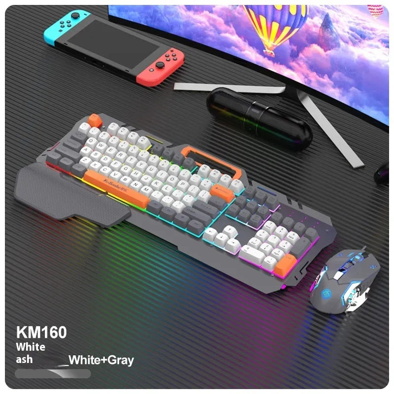 Blue wired gaming keyboard and mouse combo with backlit keys on dark surface