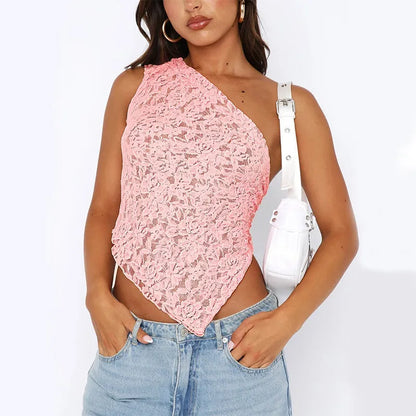 Women's backless lace vest top with asymmetrical neckline in solid colour.