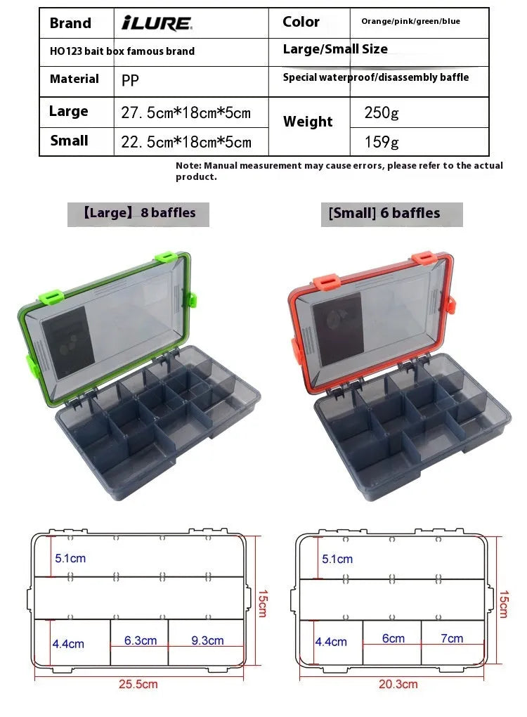 Blue waterproof PP plastic fishing lure storage box with lid open, showing single compartment.