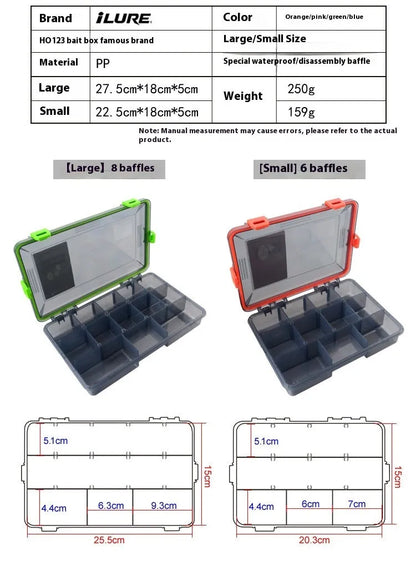 Blue waterproof PP plastic fishing lure storage box with lid open, showing single compartment.