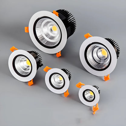 Modern aluminium recessed LED ceiling spotlight with three colour temperature settings shown installed.