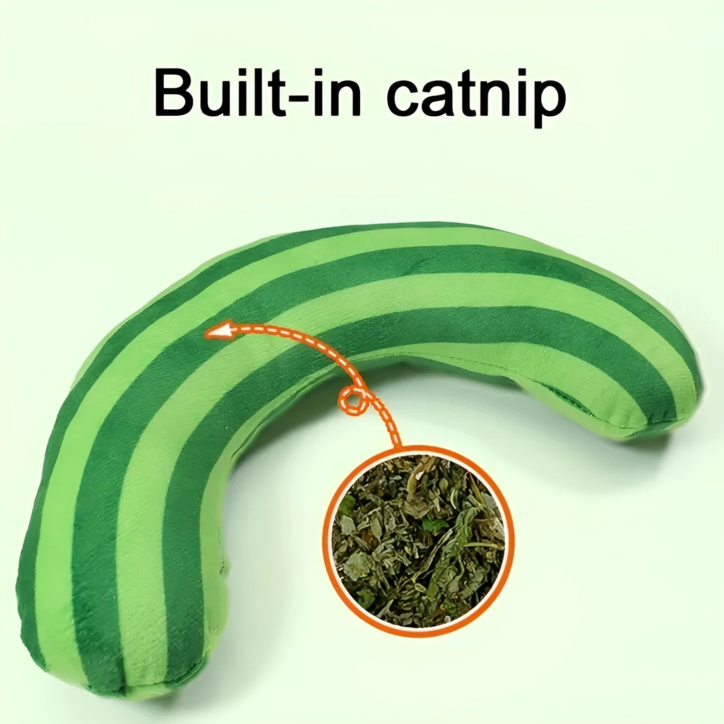 Striped pattern cat pillow toy with noise feature and catnip, measuring 23cm by 20cm, in green, rainbow, or yellow