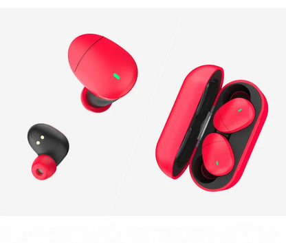 Flame red Qualcomm TWS 3040 Bluetooth wireless earphones with charging cable
