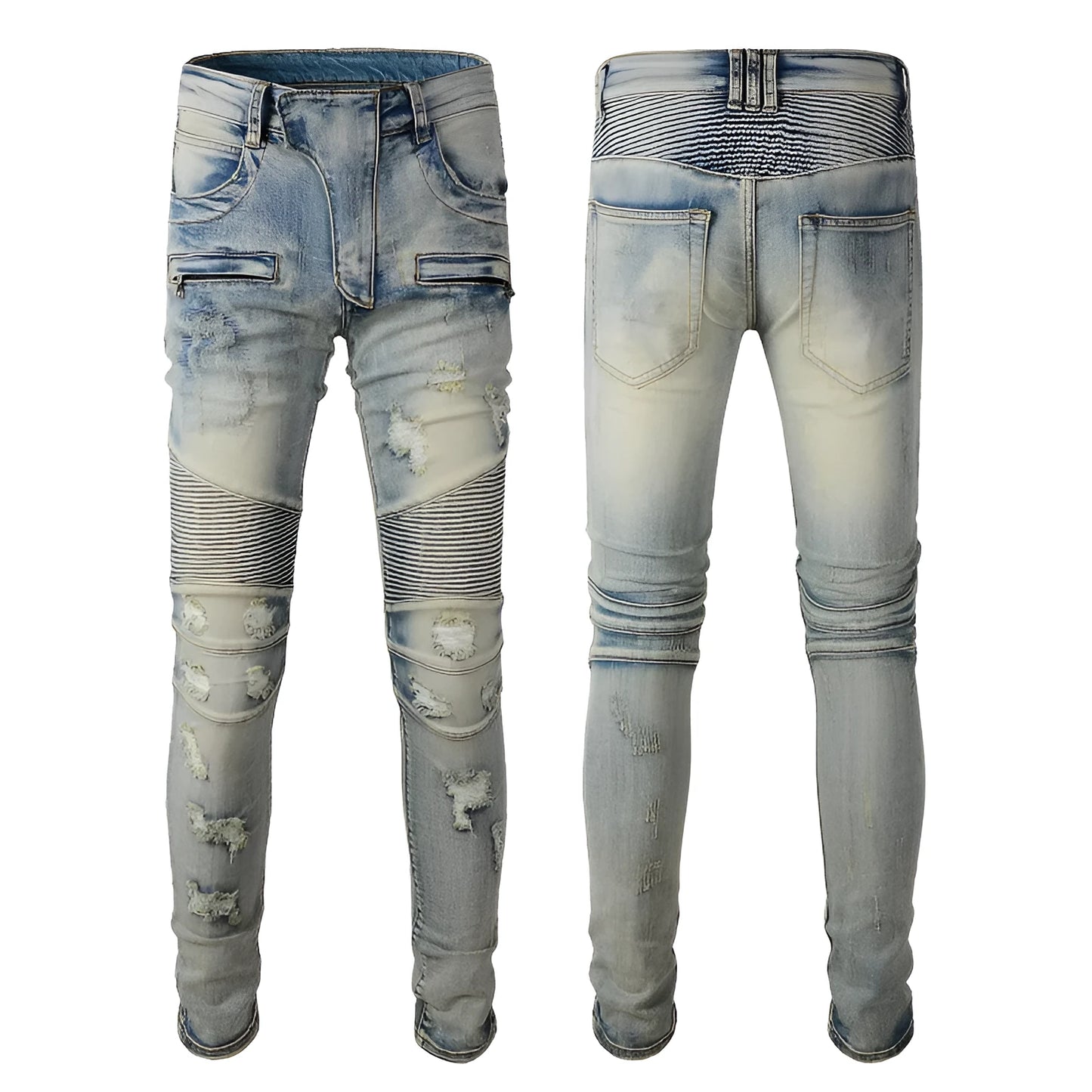 Light blue men's slim-fit distressed jeans with hand-frayed detailing and elastic stretch