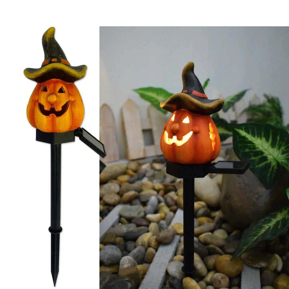 Solar-powered Halloween pumpkin lanterns for garden decoration in six unique designs
