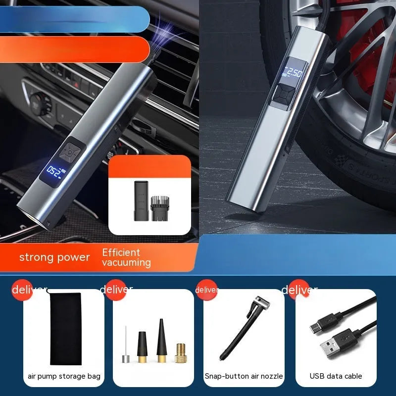 Wireless digital display car inflator and vacuum cleaner with emergency light, shown with accessories.