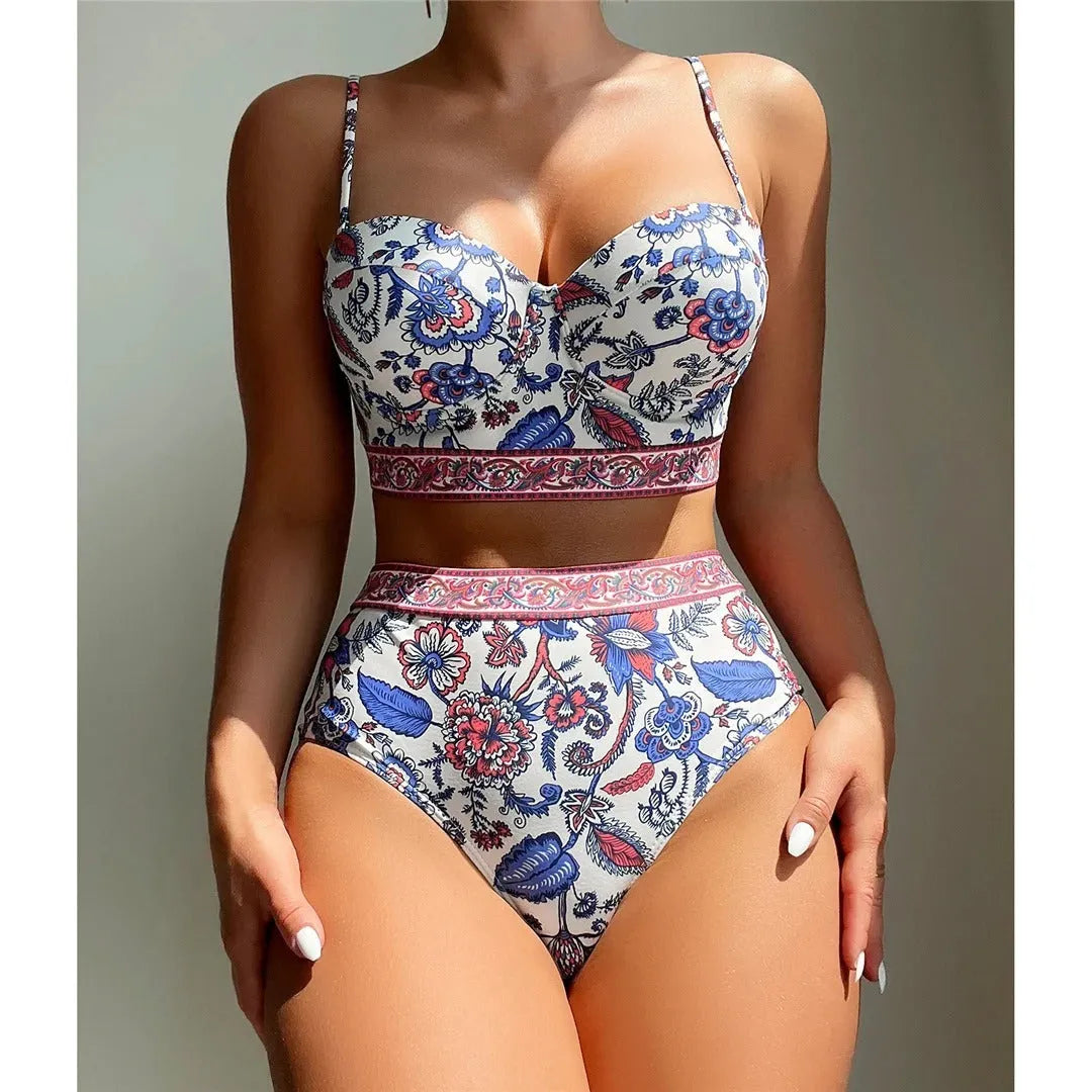 Blue women's high waisted push up bikini swimsuit with sleeveless design