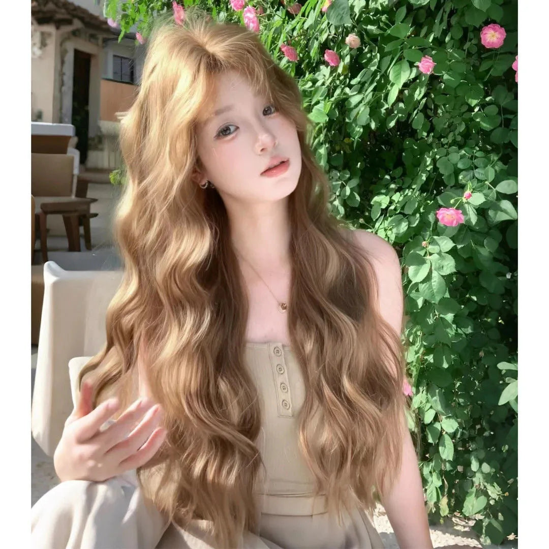 Brown linen medium length curly synthetic wig on display