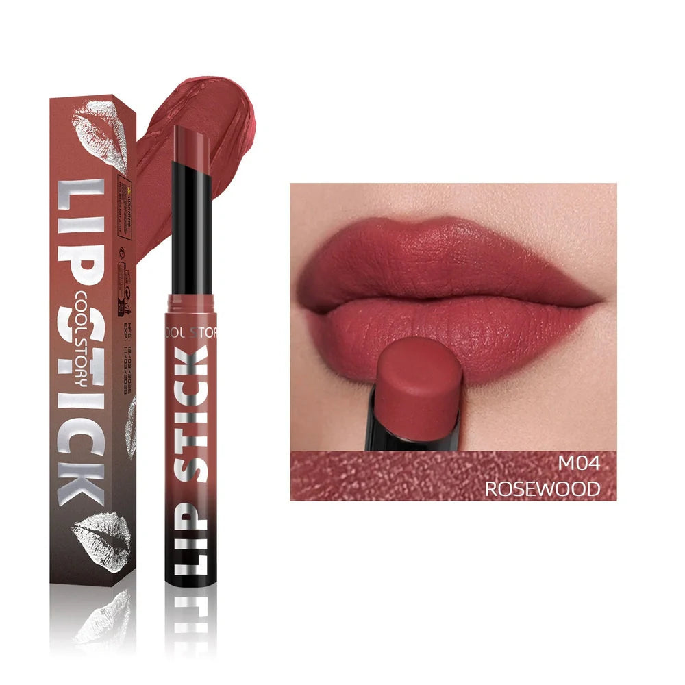 Dual-use lipstick and lip gloss stick showing eight shade options from nude to berry colours