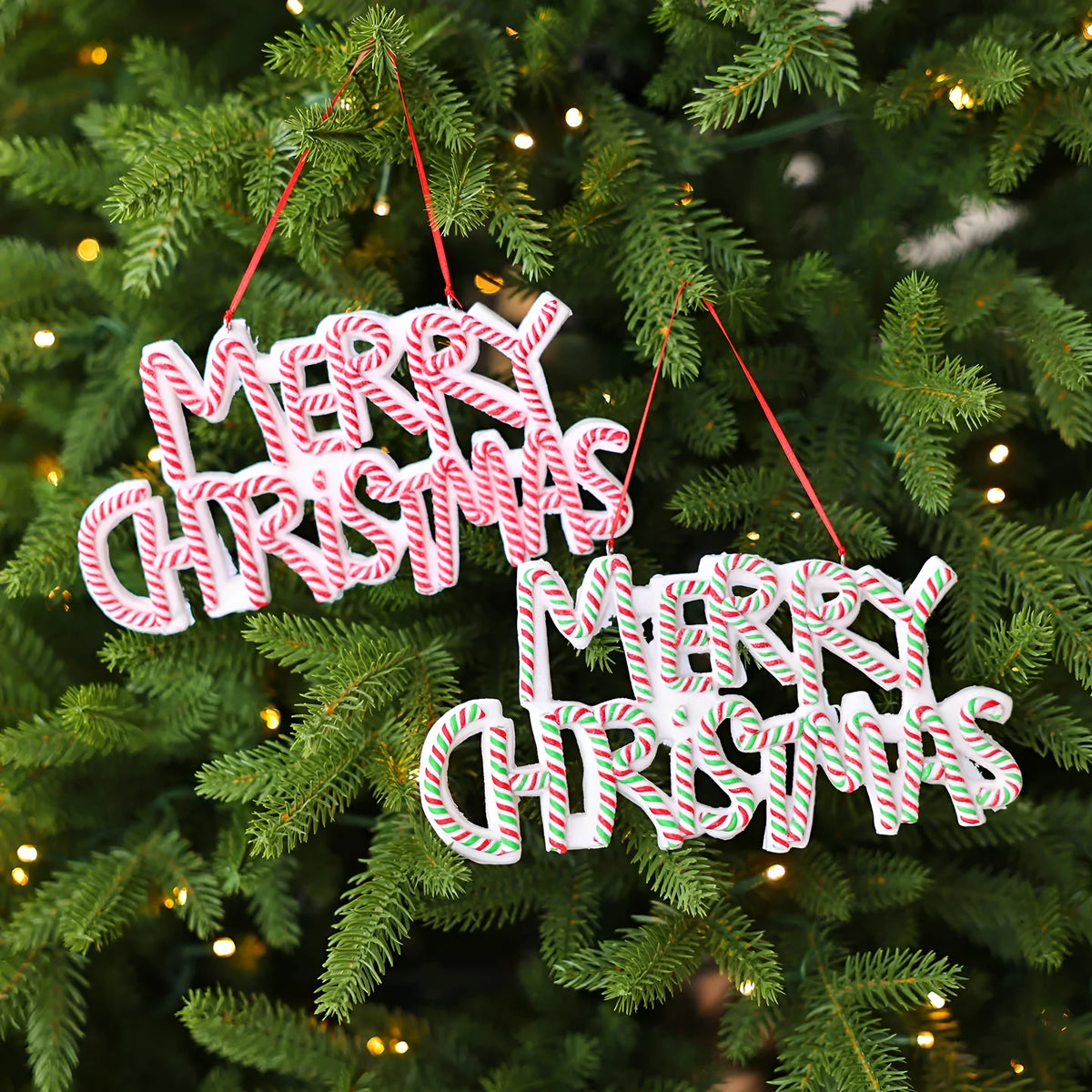 Christmas letter plate pendant ornament in red and white or red white green plastic for tree display