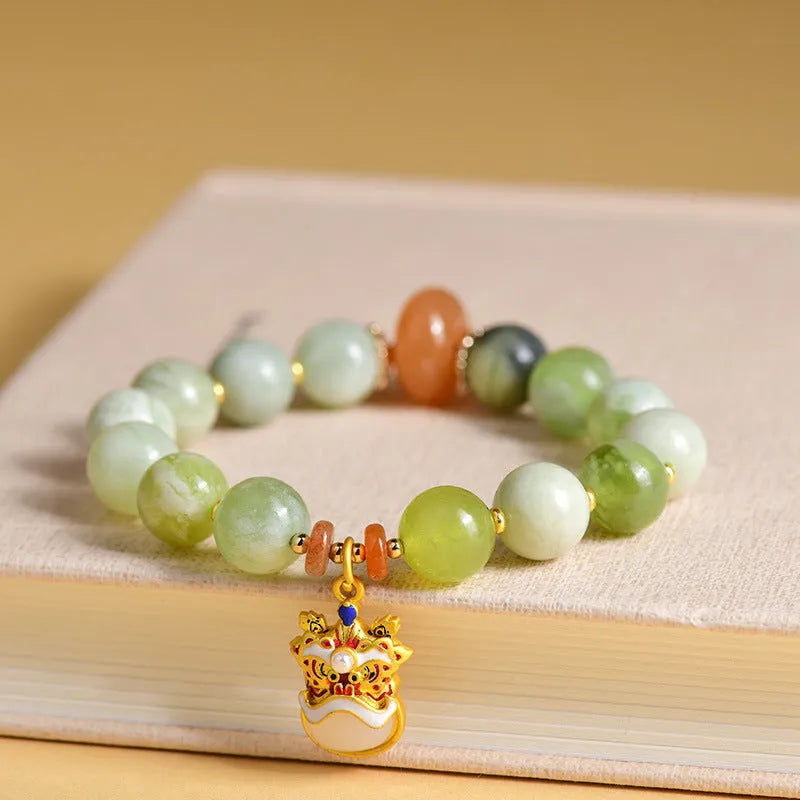 Handmade women's retro pendant bracelet featuring green milk-in-water Xingshi jade with 10mm geometric beads for a classic vintage jewellery accessory in Z127 colour as shown in main image