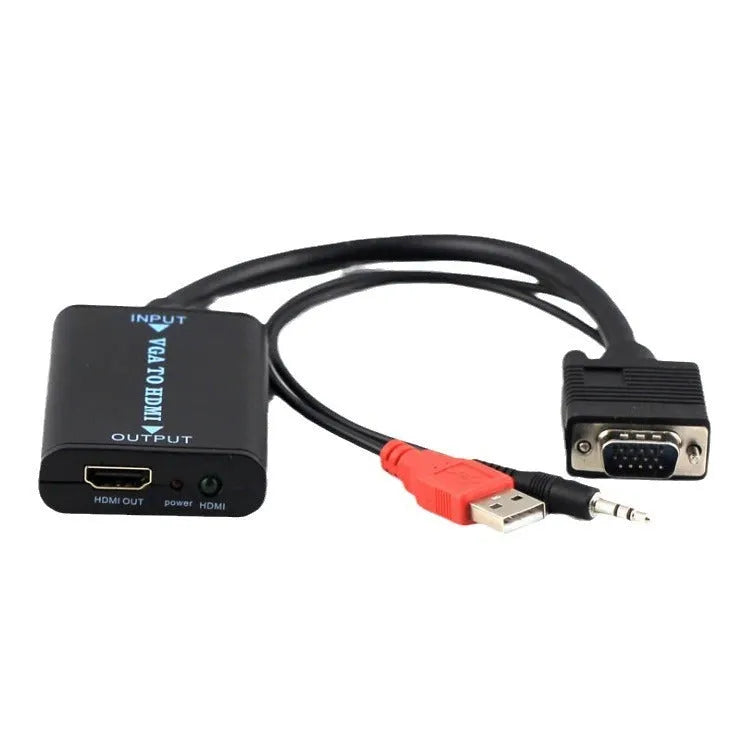 Black VGA to HDMI female converter with attached USB cable for power and audio