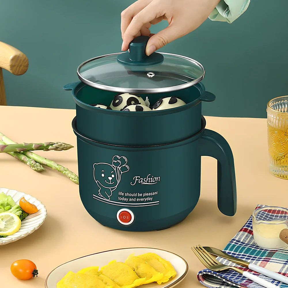 Emerald green electric cooker with stainless steel pot and dual-layer cooking capability