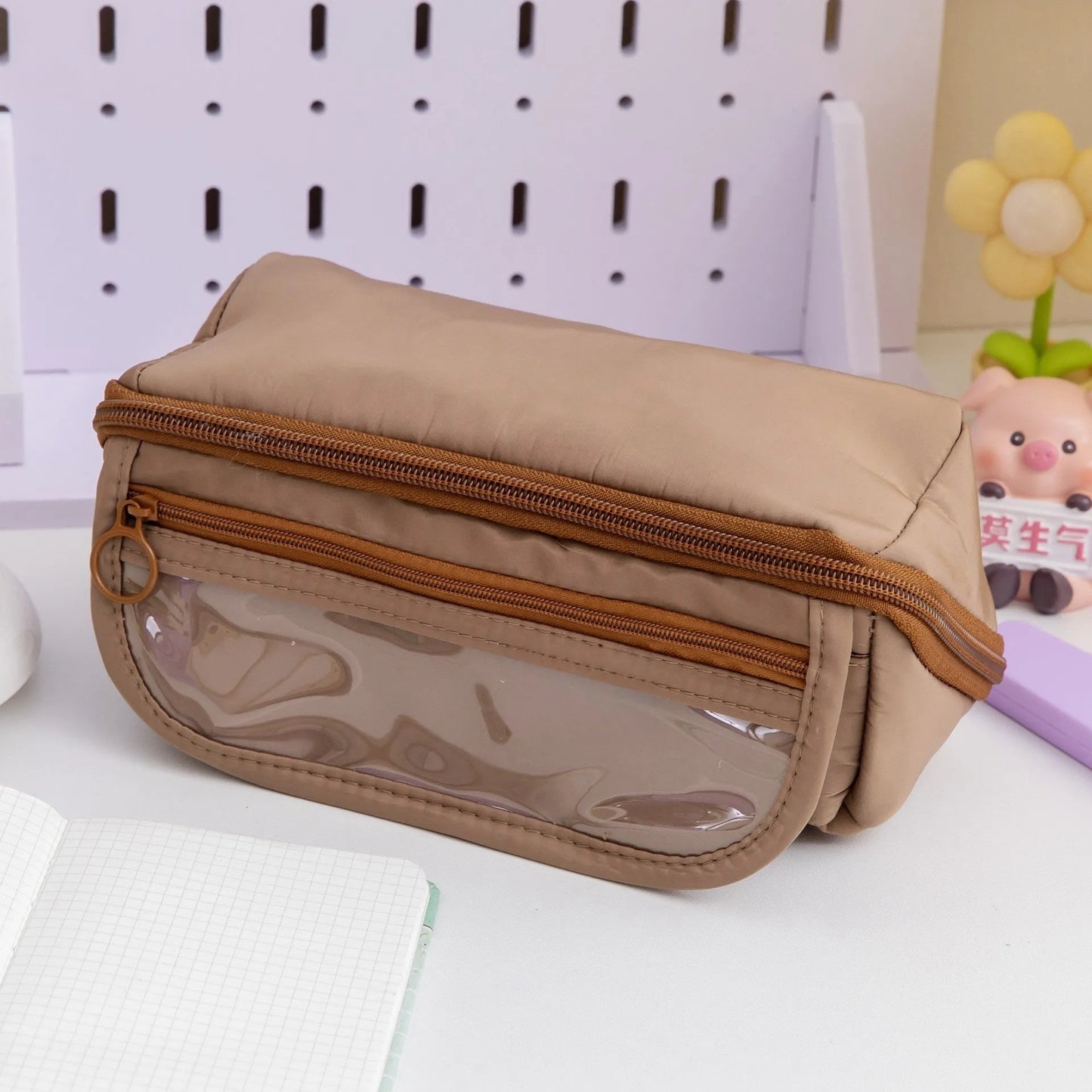 Ten-layer flip canvas pencil case showing multiple compartments in available colours