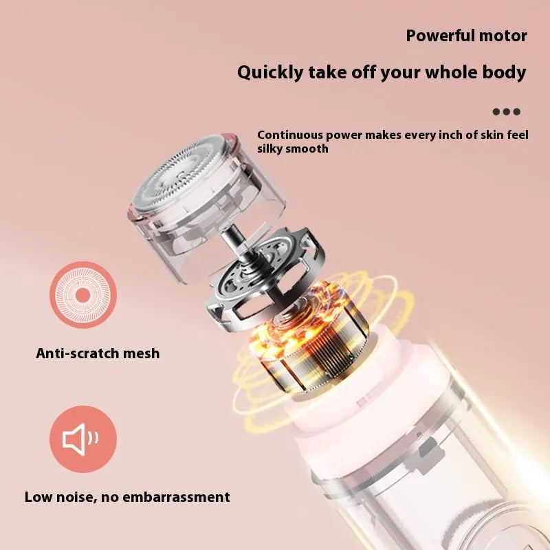 White and pink portable electric body hair trimmer with USB charging cable.