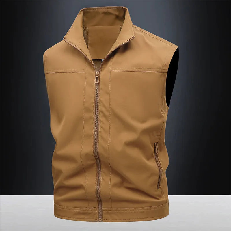 Men's stand-up collar casual shirt in army green colour with loose fit styling for workwear and leisure