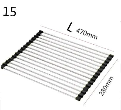 Folding stainless steel kitchen drain rack with coloured plastic tubes, shown open for use.