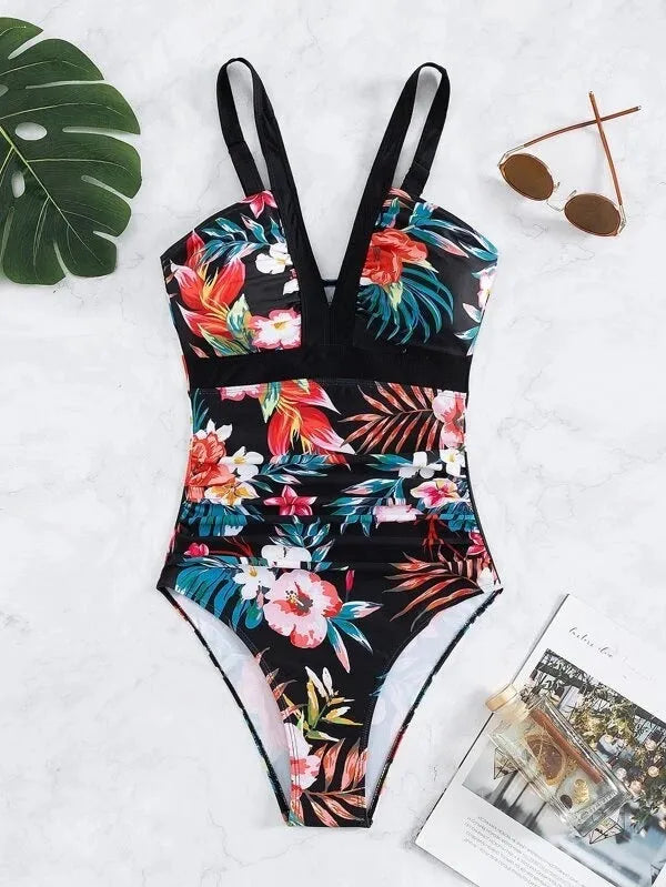 Women's floral pattern backless one-piece swimsuit in spandex-polyester fabric for swimming