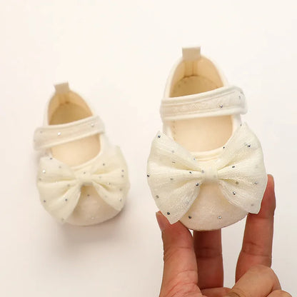 Baby princess shoes with bow, cotton cloth upper, non-slip soft bottom, Velcro fastening, 11-13cm