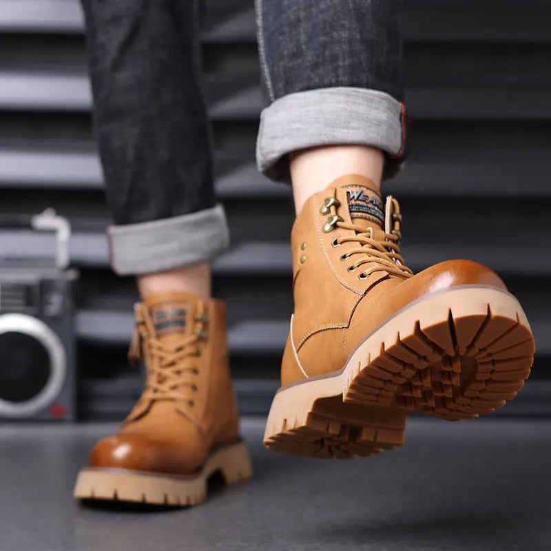 Men's brown high-top leather boots with side zipper, 3-5cm heel, and non-slip sole for winter wear