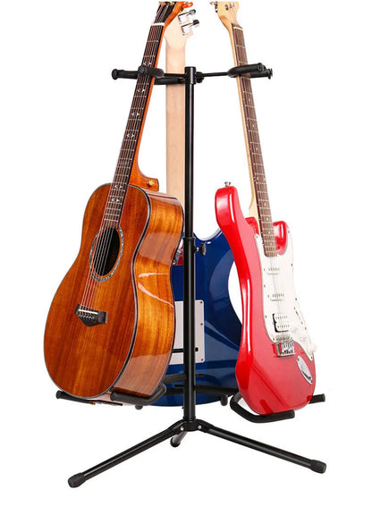 Black vertical double-headed adjustable guitar stand with protective rubber coating