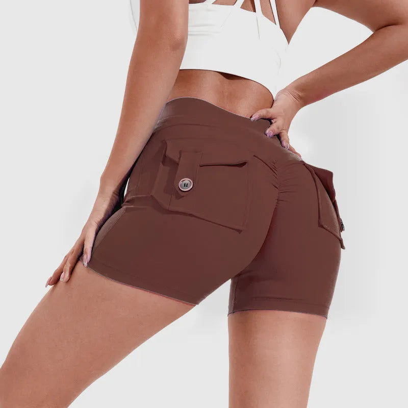 Women's high-waist quick-dry fitness shorts with side pockets in avocado green colour