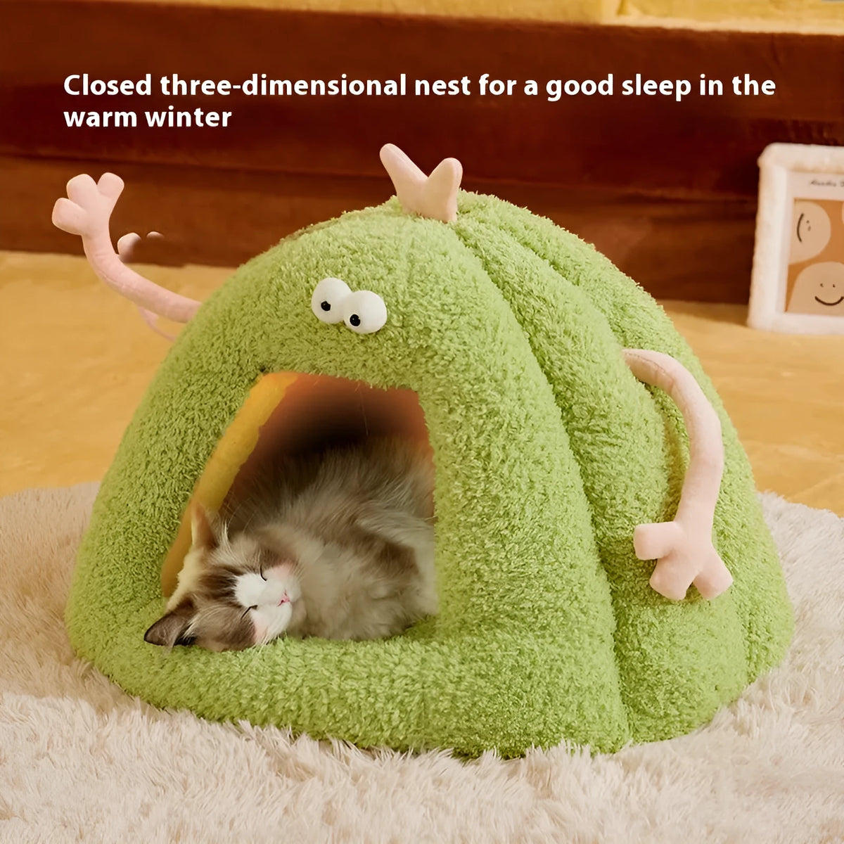 Monster-shaped semi-enclosed cat kennel in PP cotton bubble velvet available in three colours