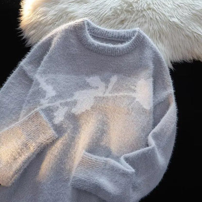 Men's black cotton fleece jumper with flocked horse design on front, long sleeve pullover style
