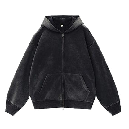 Women's distressed colour fleece-lined hooded cardigan sweater with patch pockets