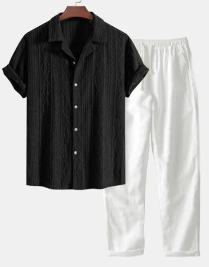 Men's camouflage print linen short-sleeved shirt and trousers set with cardigan lapel in slim-fit style