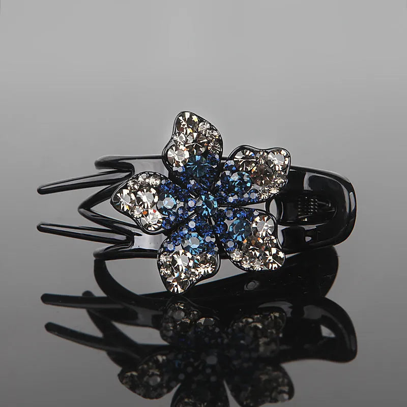 Rhinestone flower three-jaw clamp hair barrette in blue black grey for back-head styling