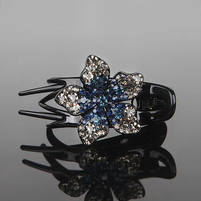 Rhinestone flower three-jaw clamp hair barrette in blue black grey for back-head styling