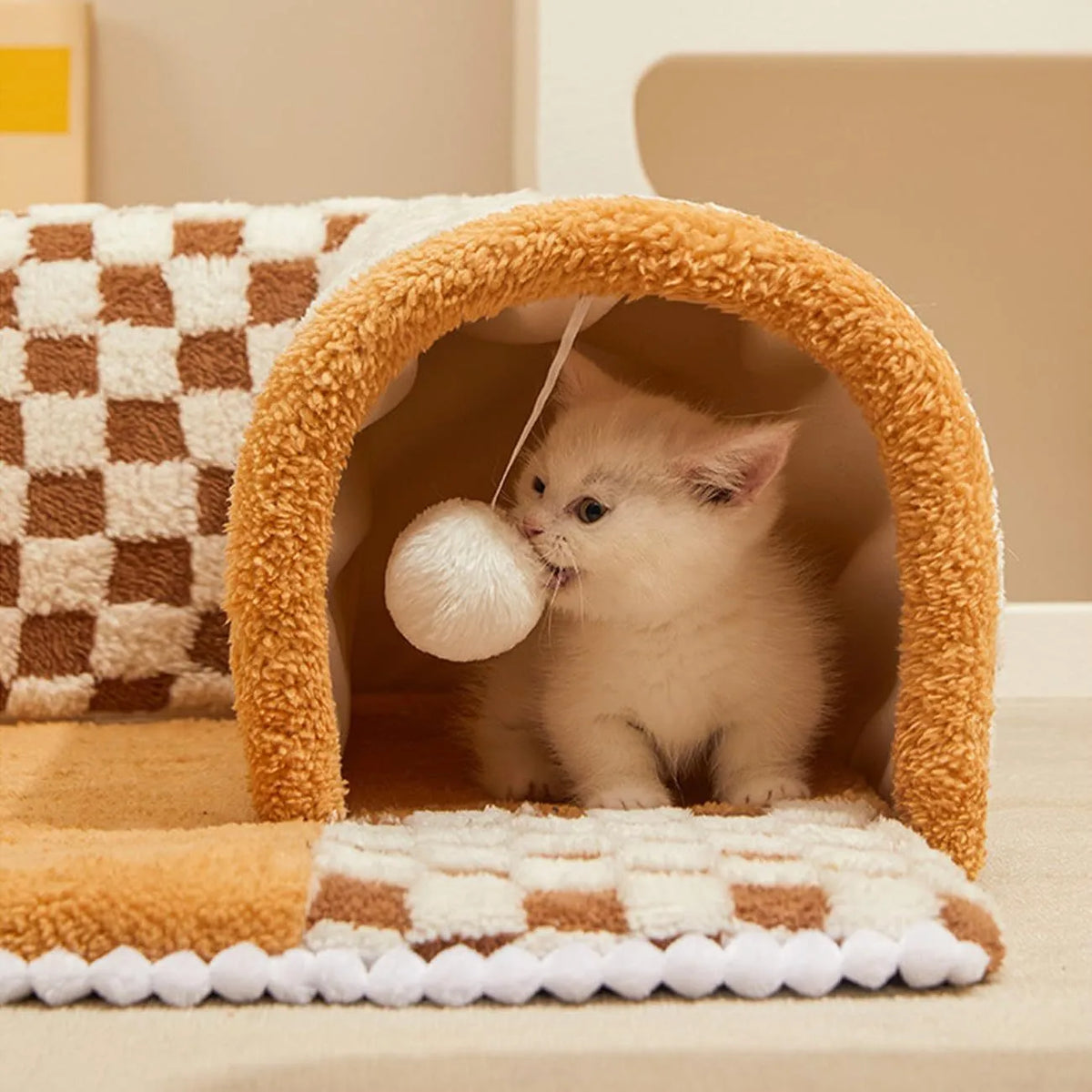 Fan-shaped 2 in 1 dog cat bed with plush sleeping area and integrated play tunnel in yellow colour