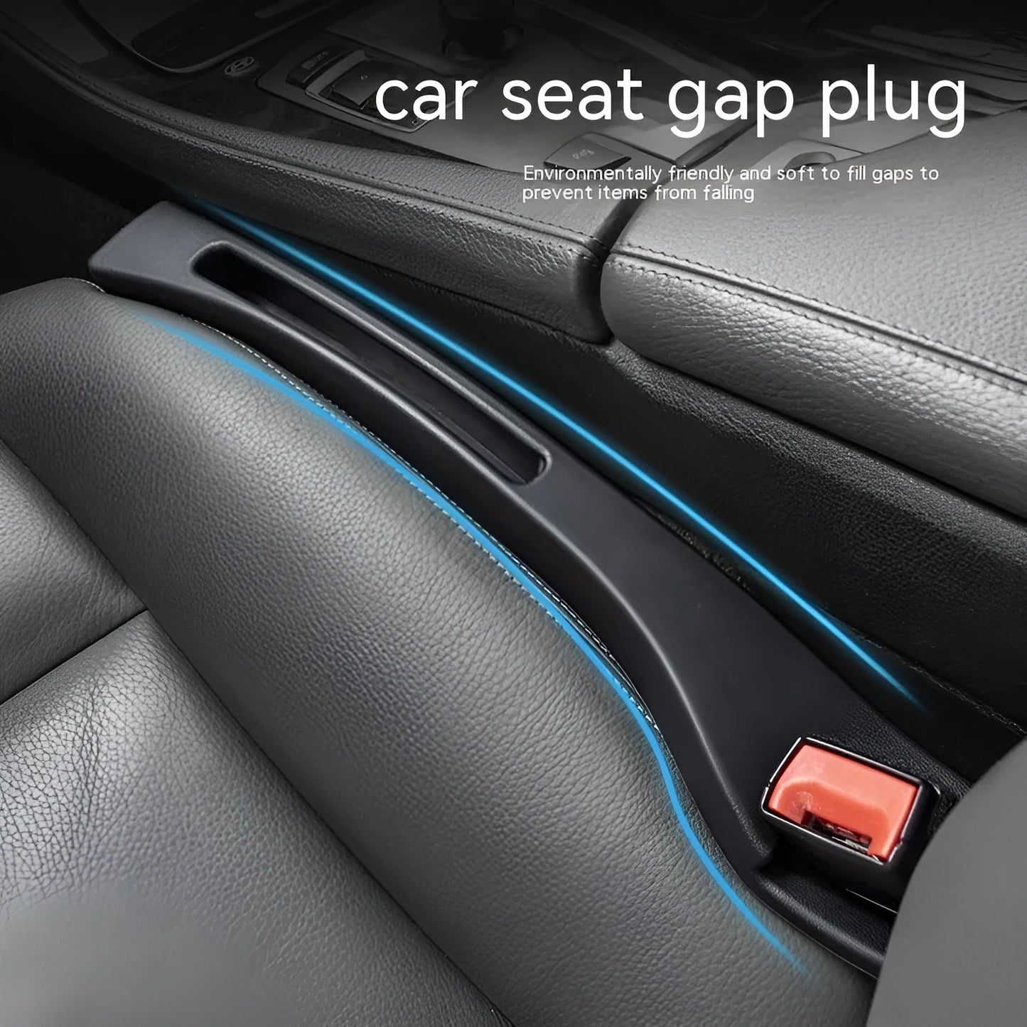 Black car seat gap storage box organiser with compartments and carrying handle between vehicle seats