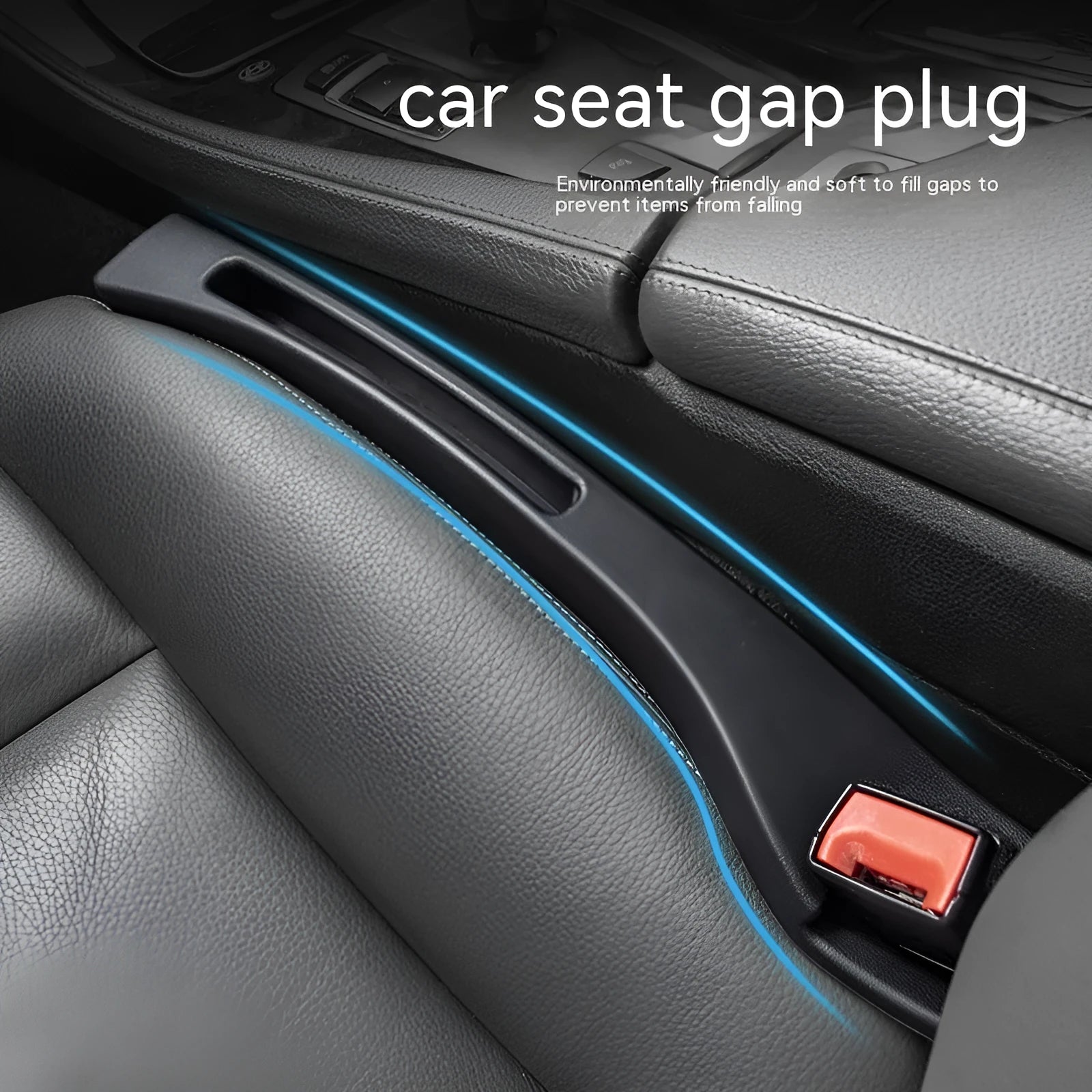 Black car seat gap storage box organiser with compartments and carrying handle between vehicle seats
