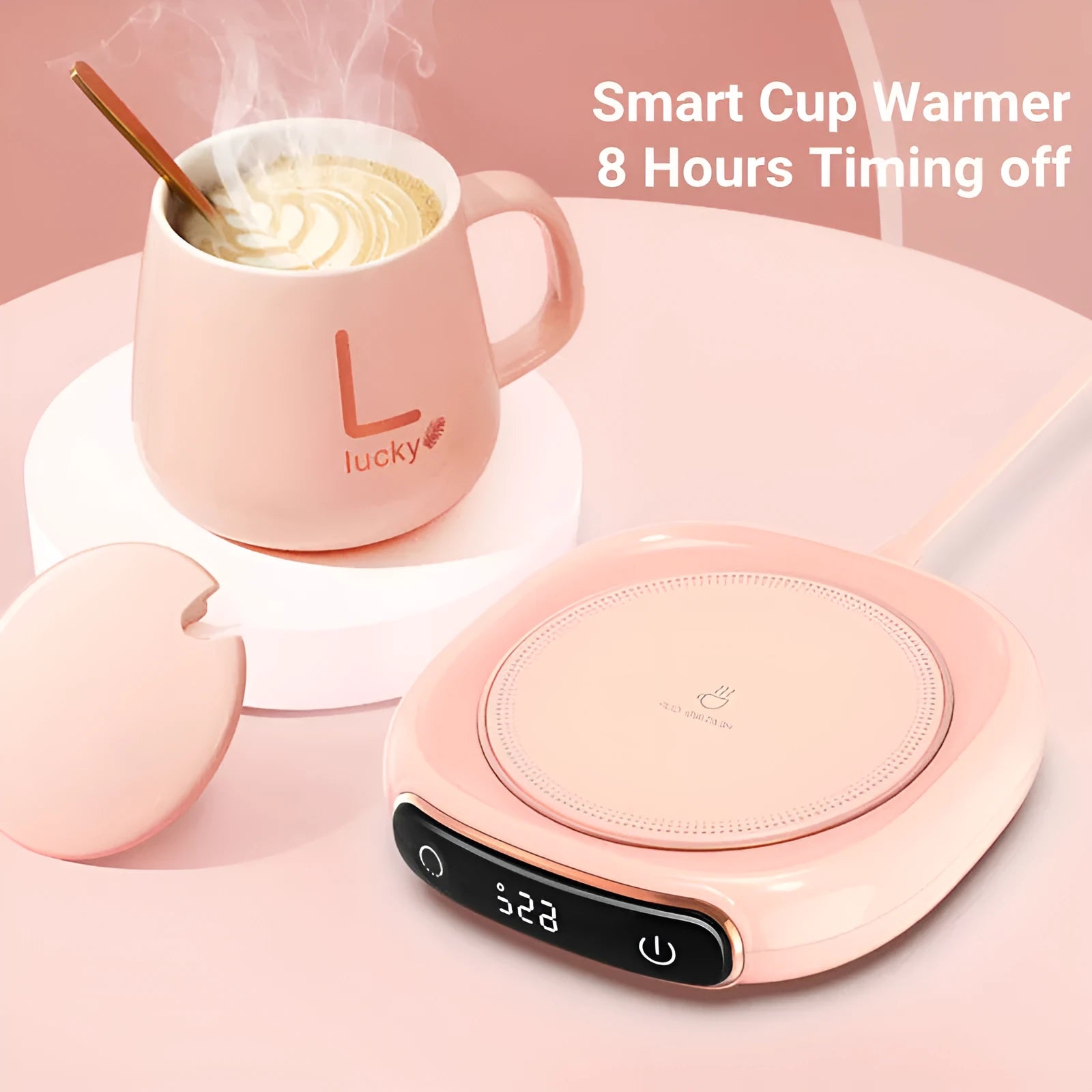 White USB coffee mug warmer coaster on desk with dimensions 130x110mm