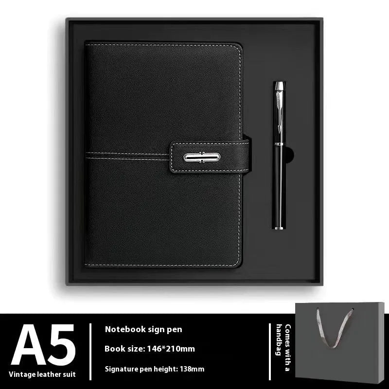 A5 notebook with imitation leather cover in colour options including black, red, green, blue, and orange.